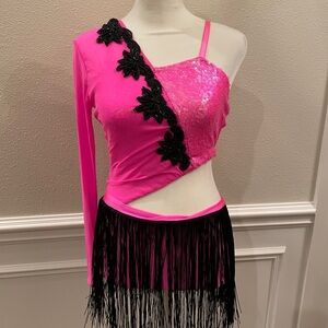 Pink and Black One Sleeve Dance Costume with Fringe Skirt